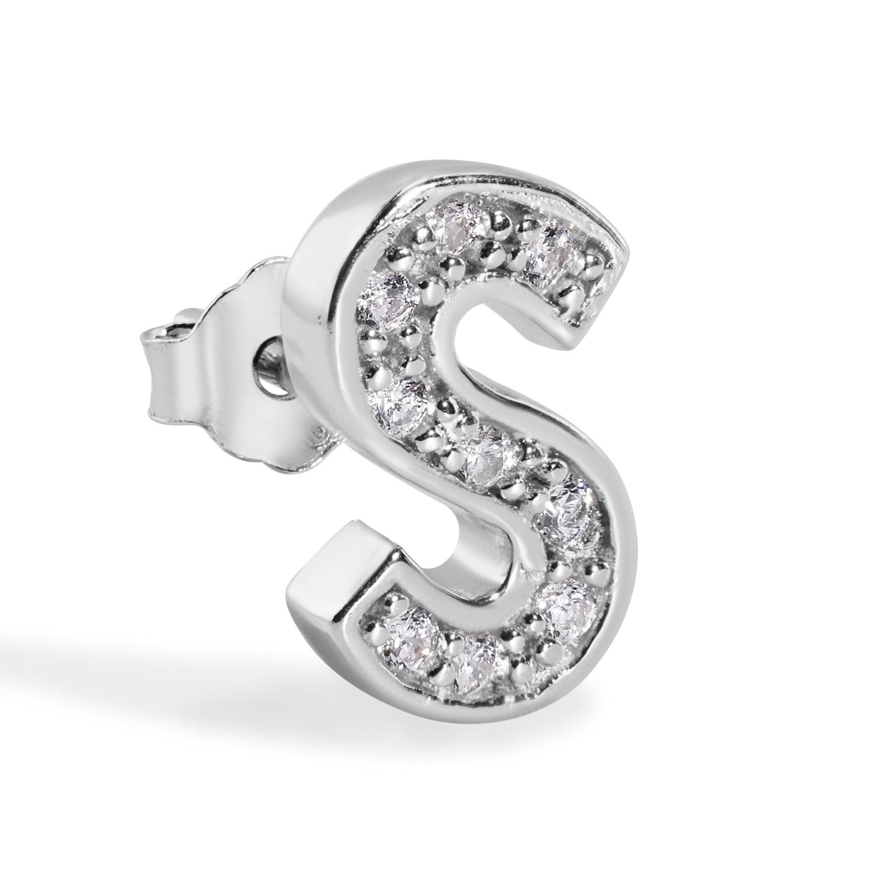 Pendiente con broche de plata de ley 925 chapado en rodio, letra de alfabeto única de 8,8 mm con circonita cúbica transparente - BGE00387