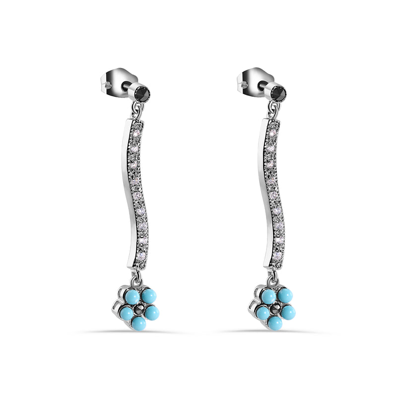 Rhodium Plated 925 Sterling Silver Turquoise Flower Dangling Clear CZ Stud Earrings - BGE00414