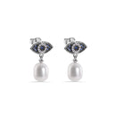 Pendientes de plata de ley 925 rodiada con forma de ojo malvado, perla sintética colgante, circonitas azules y transparentes - BGE00734