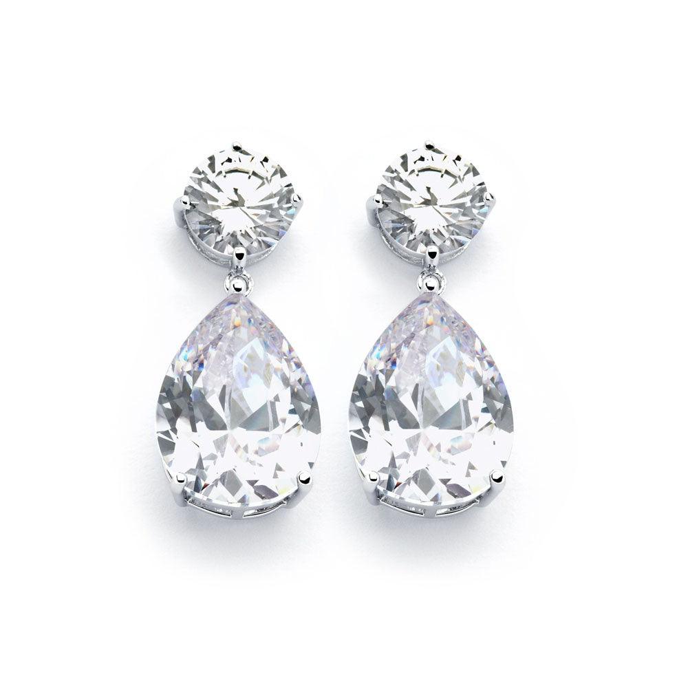Rhodium Plated 925 Silver Colored CZ Birthstone Round & Tear Drop Dangling Earrings - BGE00858
