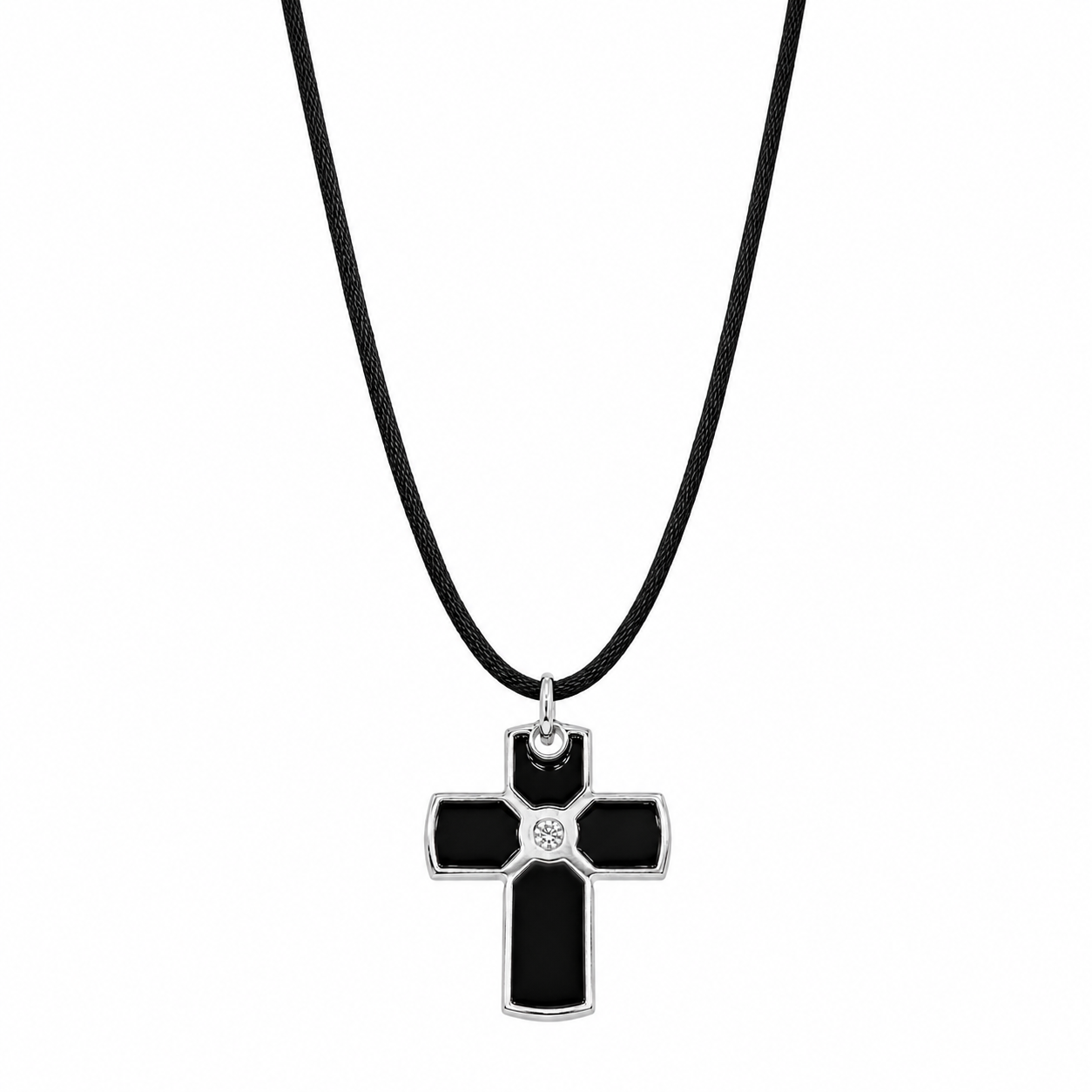BLACK SIGN × ARGENT GLEAM necklace Rhodium Plated 925 Silver Black Enamel Cross Clear CZ Black Cord