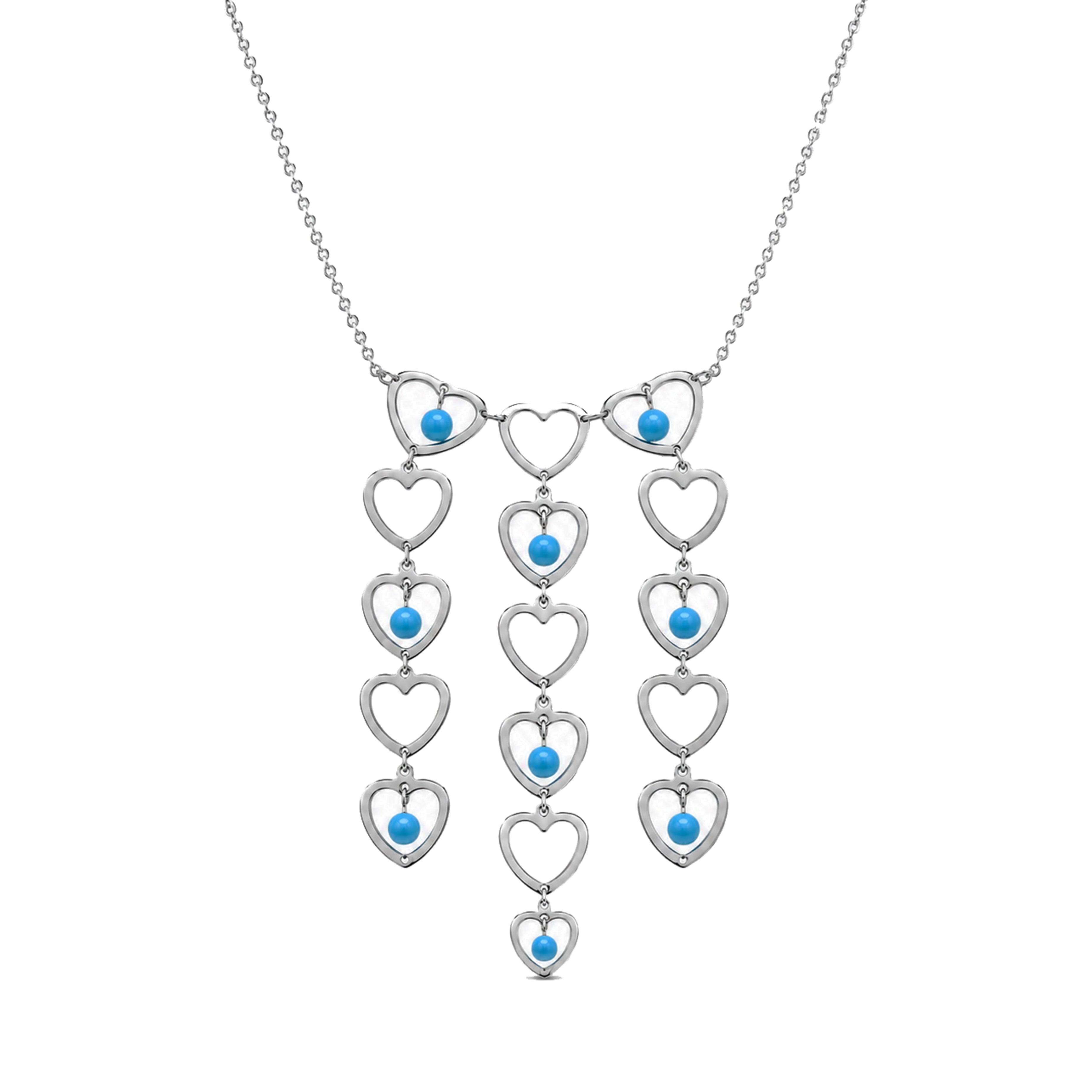 Clearance-Rhodium Plated 925 Silver Multi Heart Strand Turquoise Bead Pendant Necklace - BGN00007