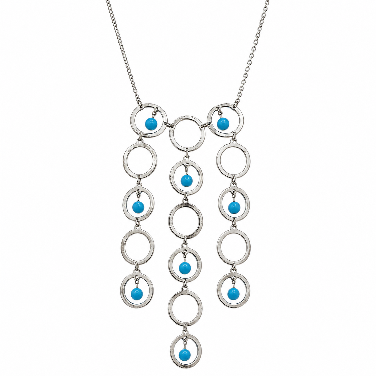 Clearance-Rhodium Plated 925 Silver Multi Circle Strand & Turquoise Bead CZ Pendant Necklace - BGN00008