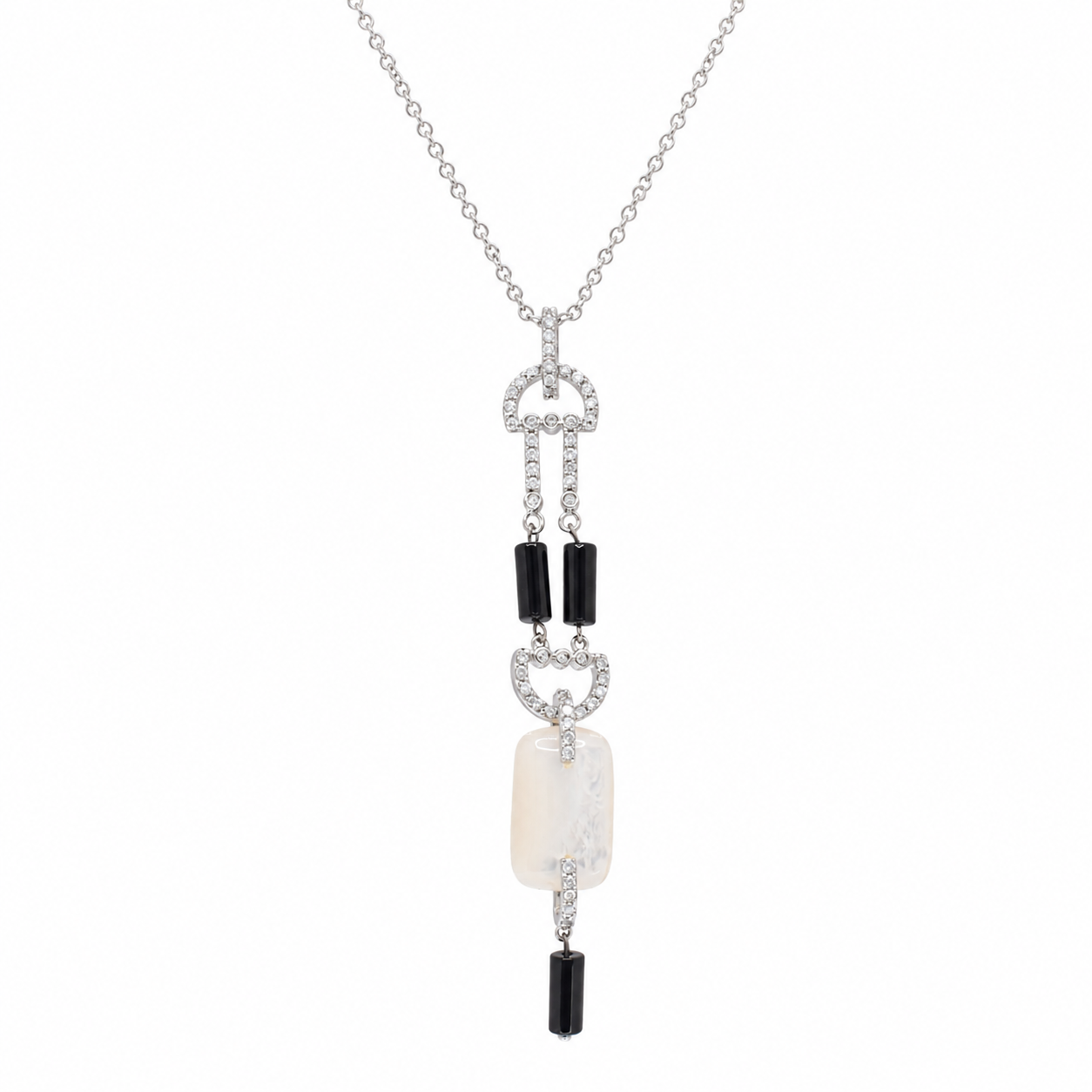 Clearance - Rhodium Plated 925 Suilver Onyx & Mother Of Pearl CZ Dangle Pendant Necklace - BGN00009