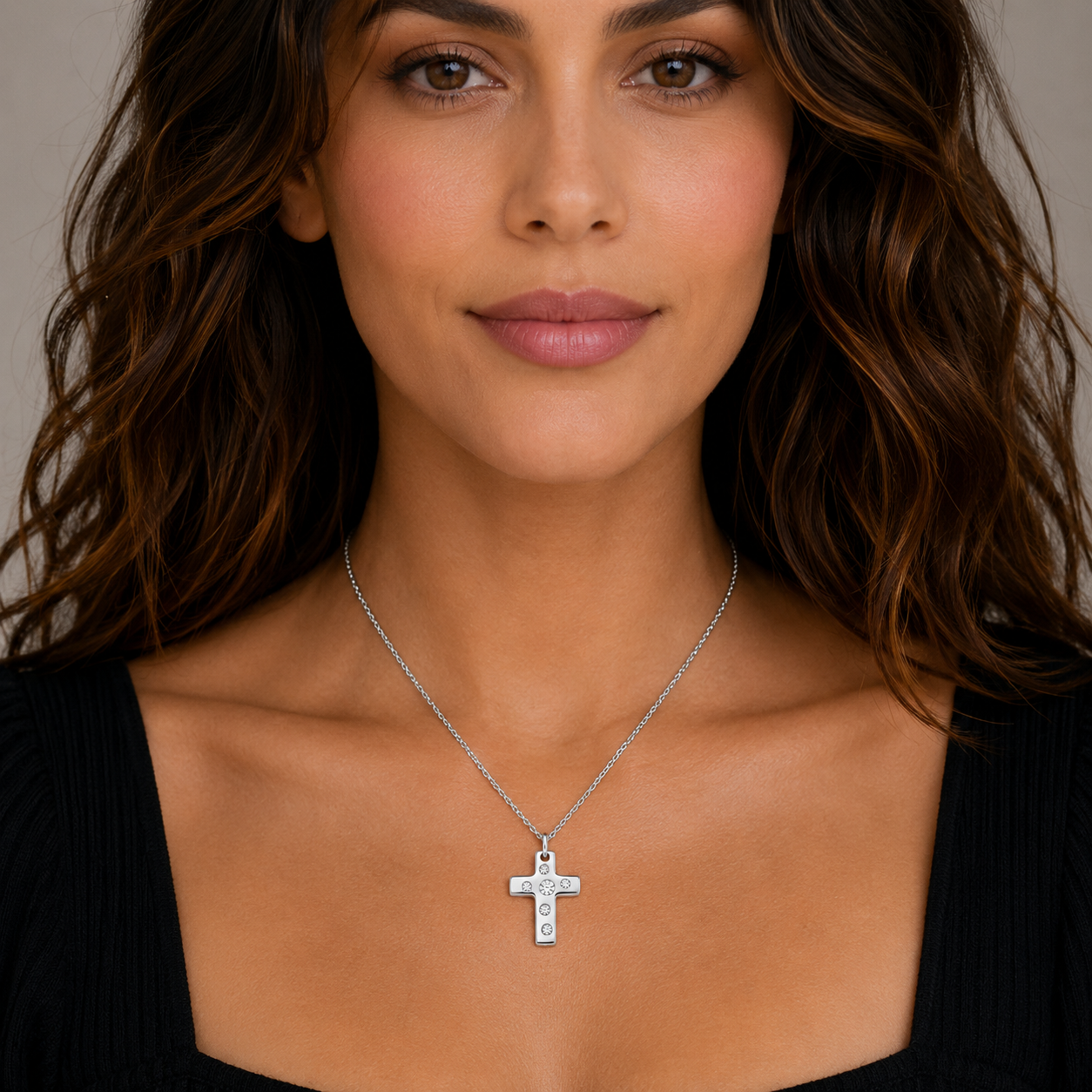 Clearance- Rhodium Plated 925 Silver High Polish Cross Multi Clear CZ Pendant Necklace - BGN00013