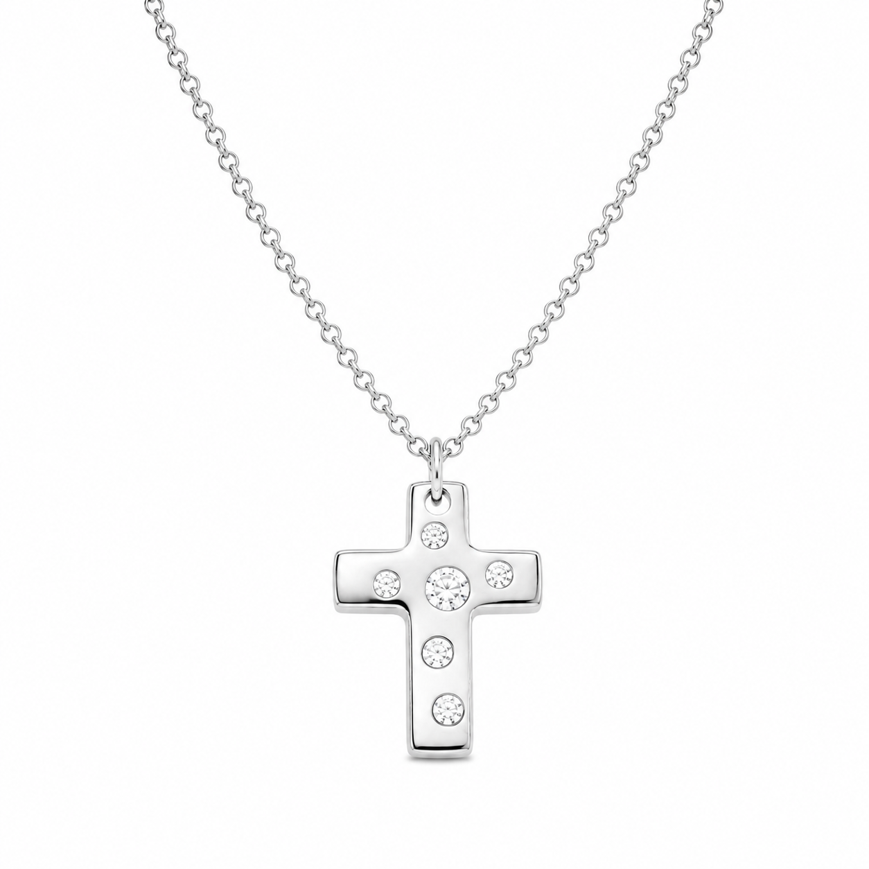 Clearance- Rhodium Plated 925 Silver High Polish Cross Multi Clear CZ Pendant Necklace - BGN00013