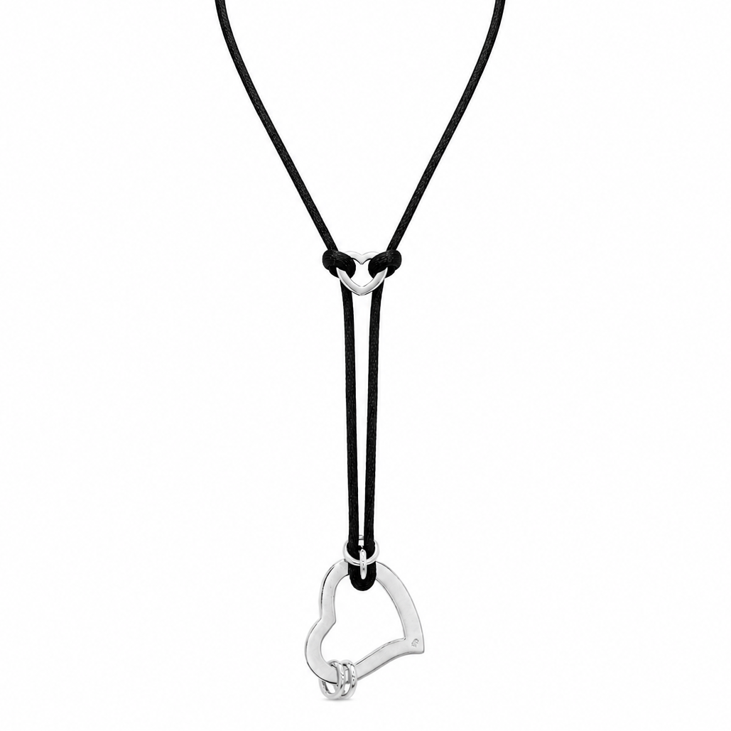 Clearance-Rhodium Plated 925 Silver Open Heart Black Cord Pendant Necklace - BGN00016