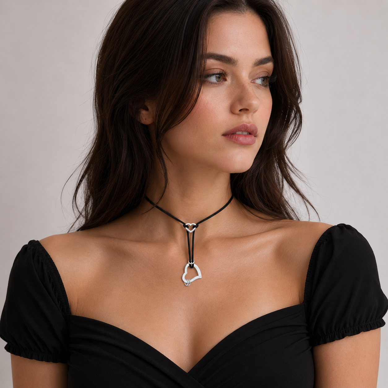 Clearance-Rhodium Plated 925 Silver Open Heart Black Cord Pendant Necklace - BGN00016