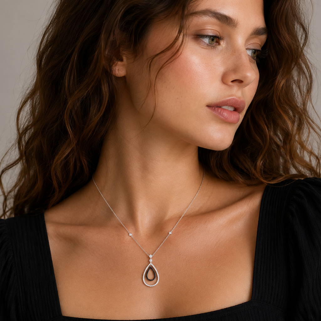 Clearance-Rhodium and Black Rhodium Plated Clear and Black CZ Open Teardrop Pendant Necklace - BGN00019