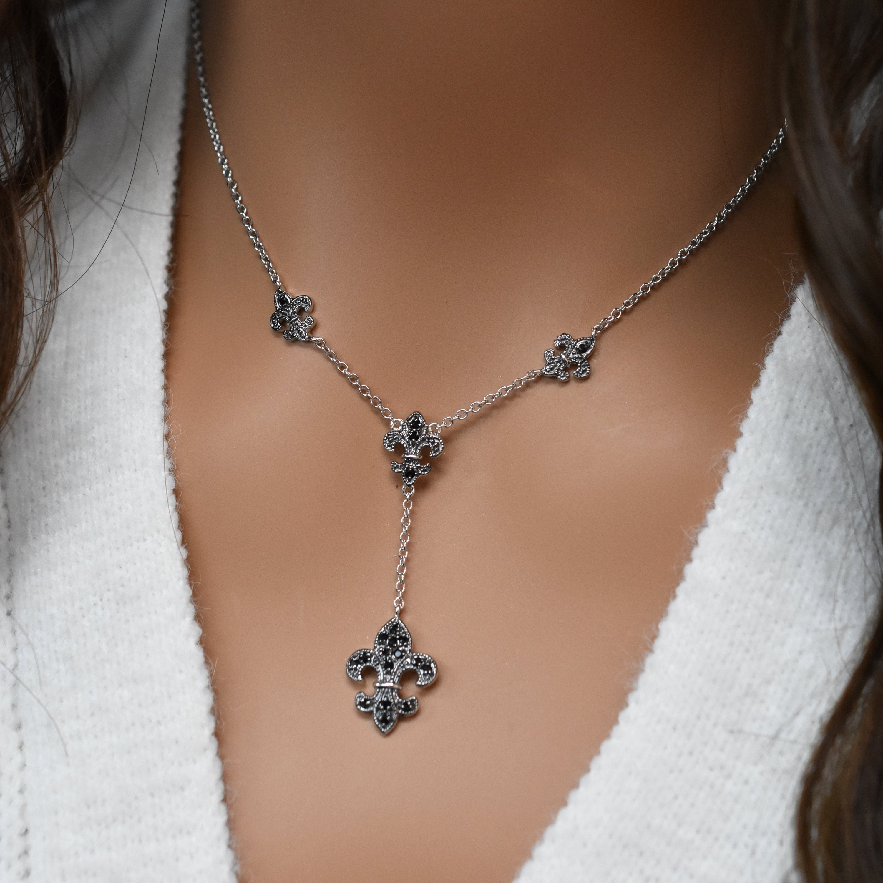 Silver 925 Rhodium and Black Rhodium Plated Black CZ Fleur De Lis Pendant Necklace - BGN00041