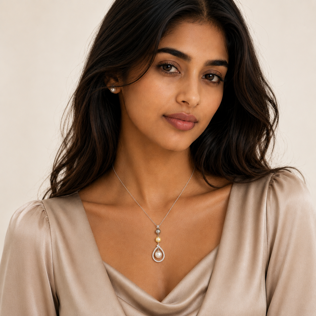 Rhodium Plated 925 Silver Multi Colored Pearl & Clear CZ Drop Pendant Necklace - BGN00050
