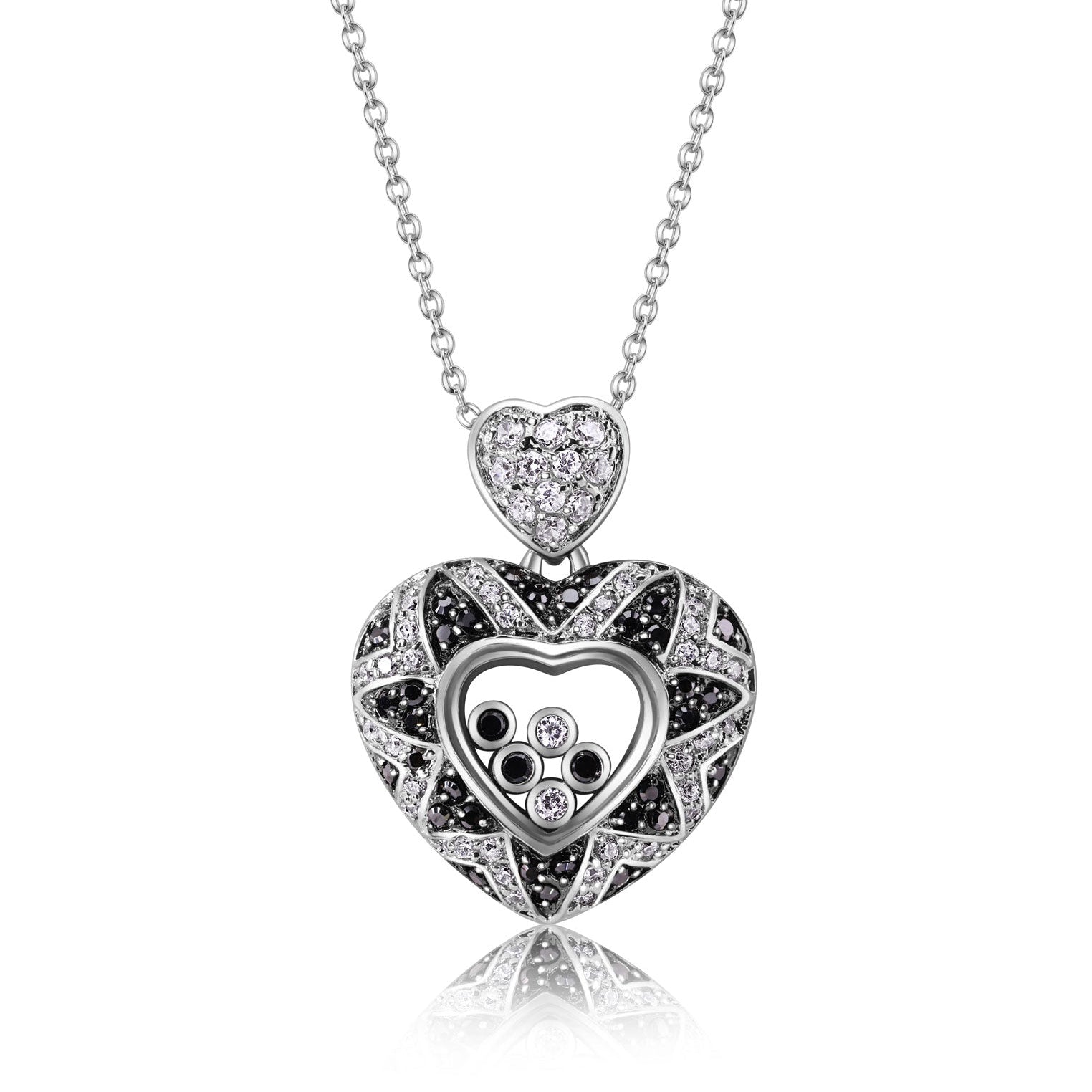 Clearance - Silver 925 Floating Clear CZ Black Rhodium Plated Heart Necklace - BGP00006