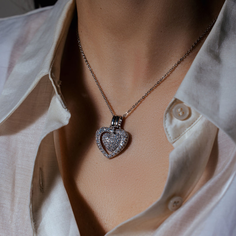 Silver 925 Clear CZ Rhodium Plated Double Heart Pendant Necklace - BGP00071CLR