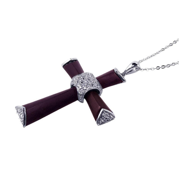 Clearance-Silver 925 Clear CZ Rhodium Plated Wooden Cross Pendant Necklace - BGP00103