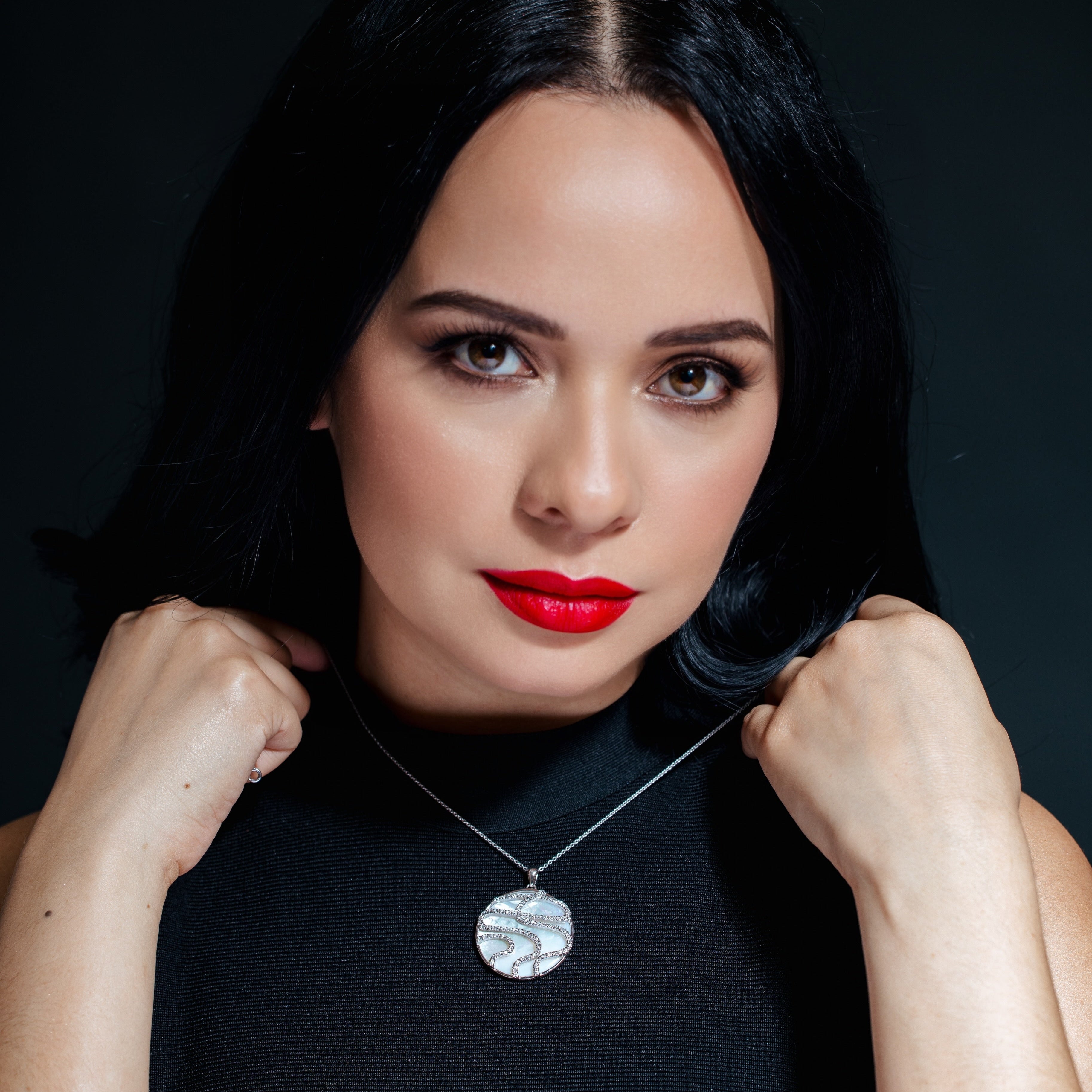 Clearance- Silver 925 Clear CZ Mother Pearl Rhodium Plated Round Pendant Necklace - BGP00115