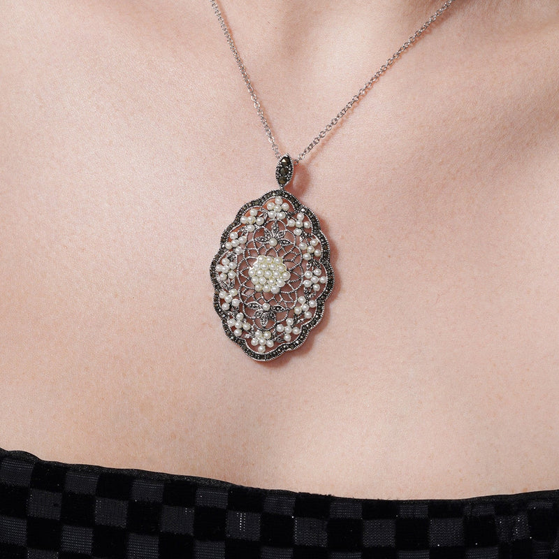 Clearance-Silver 925 Marcasite Pearl Rhodium Plated Oval Pendant Necklace - BGP00142