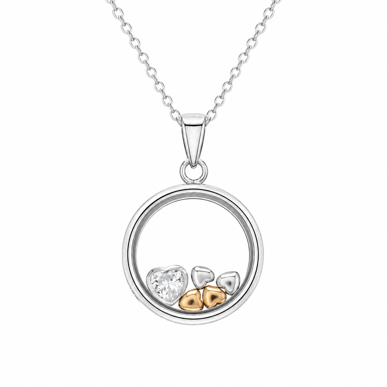 Clearance-Two Tone 925 Sterling SIlver CZ & Solid Floating Heart Circle Locket Pendant Necklace - BGP00172