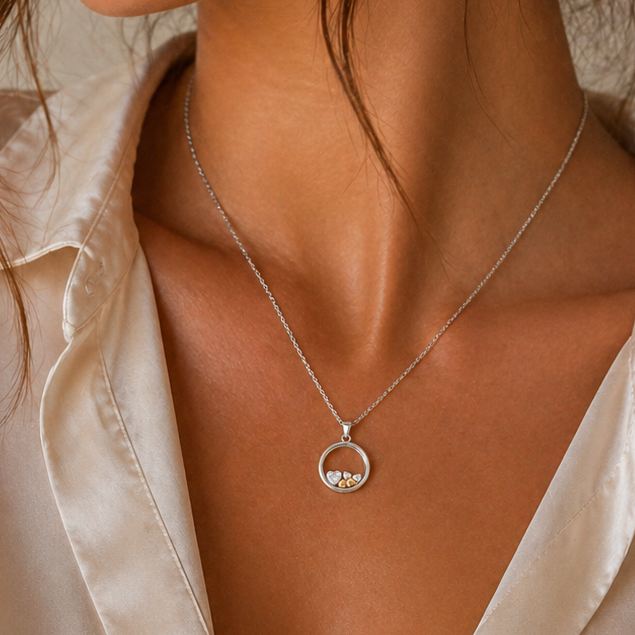 Clearance-Two Tone 925 Sterling SIlver CZ & Solid Floating Heart Circle Locket Pendant Necklace - BGP00172