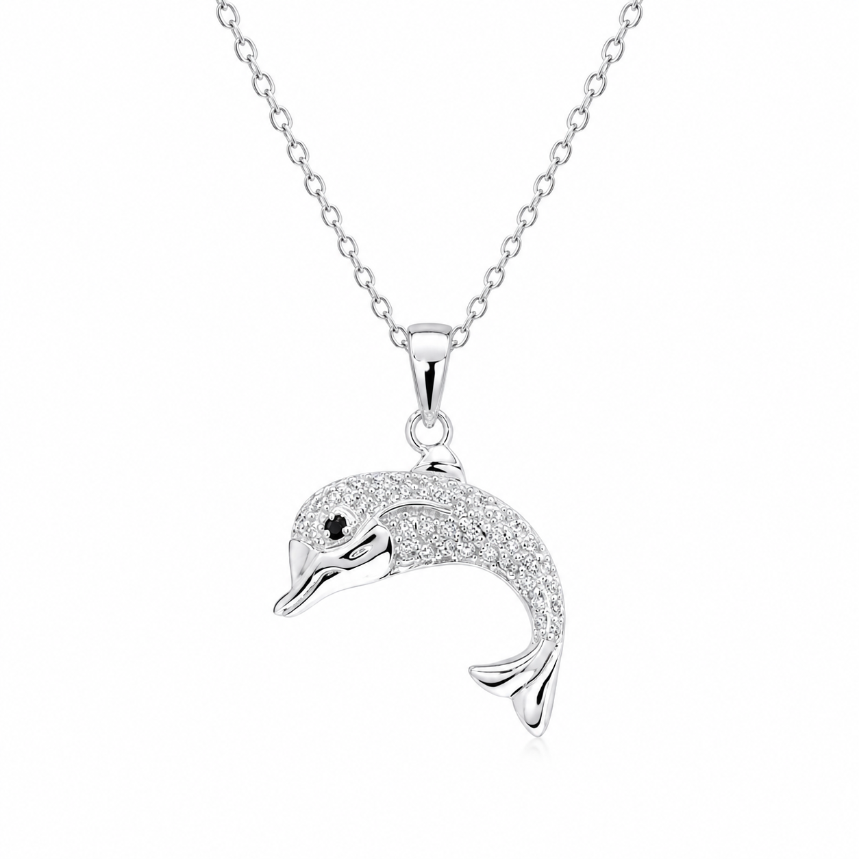 Rhodium Plated 925 Sterling Silver CZ Dolphin Pendant Necklace - BGP00249