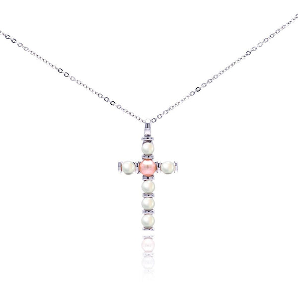 Silver 925 Rhodium Plated Pearl Cross Necklace - BGP00294
