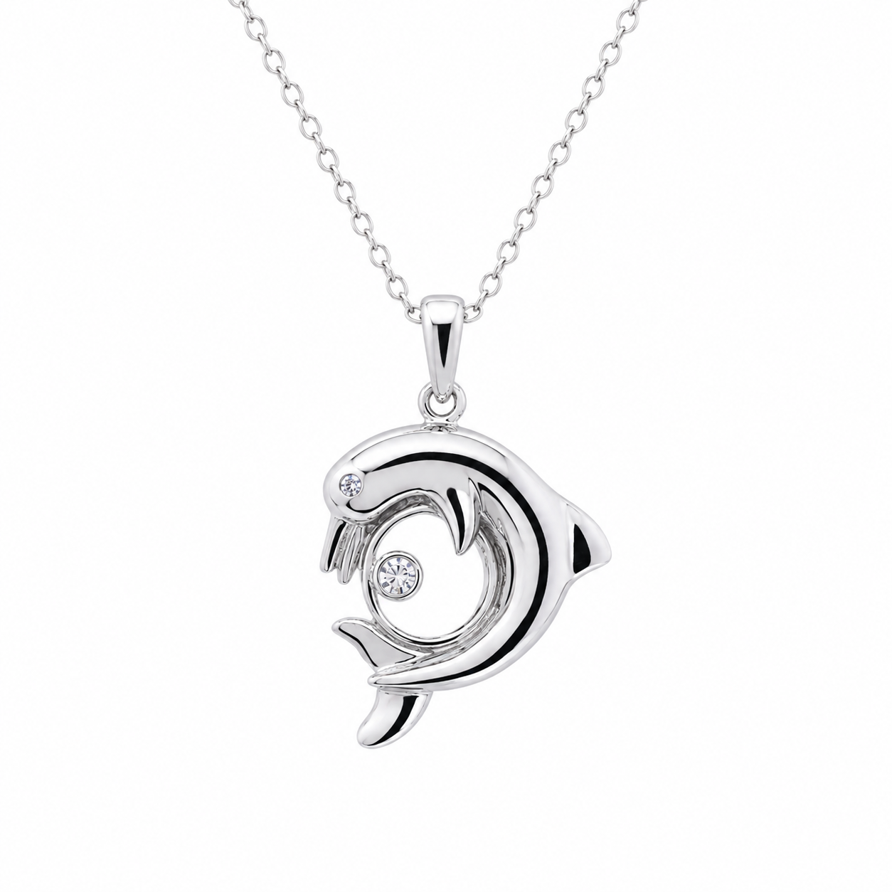 Rhodium Plated 925 Sterling Silver CZ Dolphin Pendant Necklace