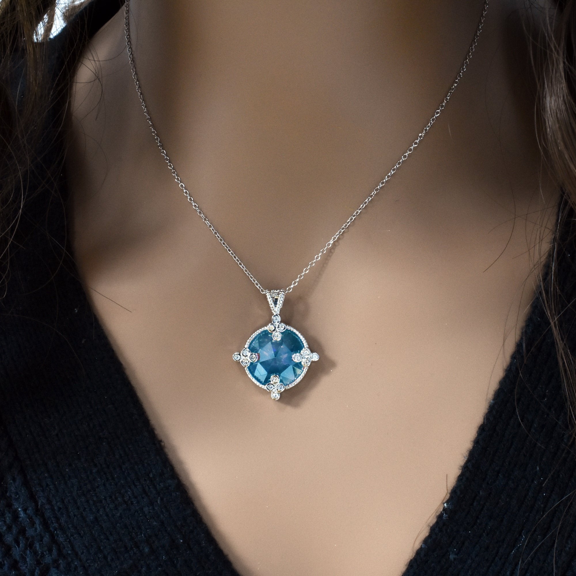 Silver 925 Rhodium Plated Round Blue CZ Necklace - BGP00449