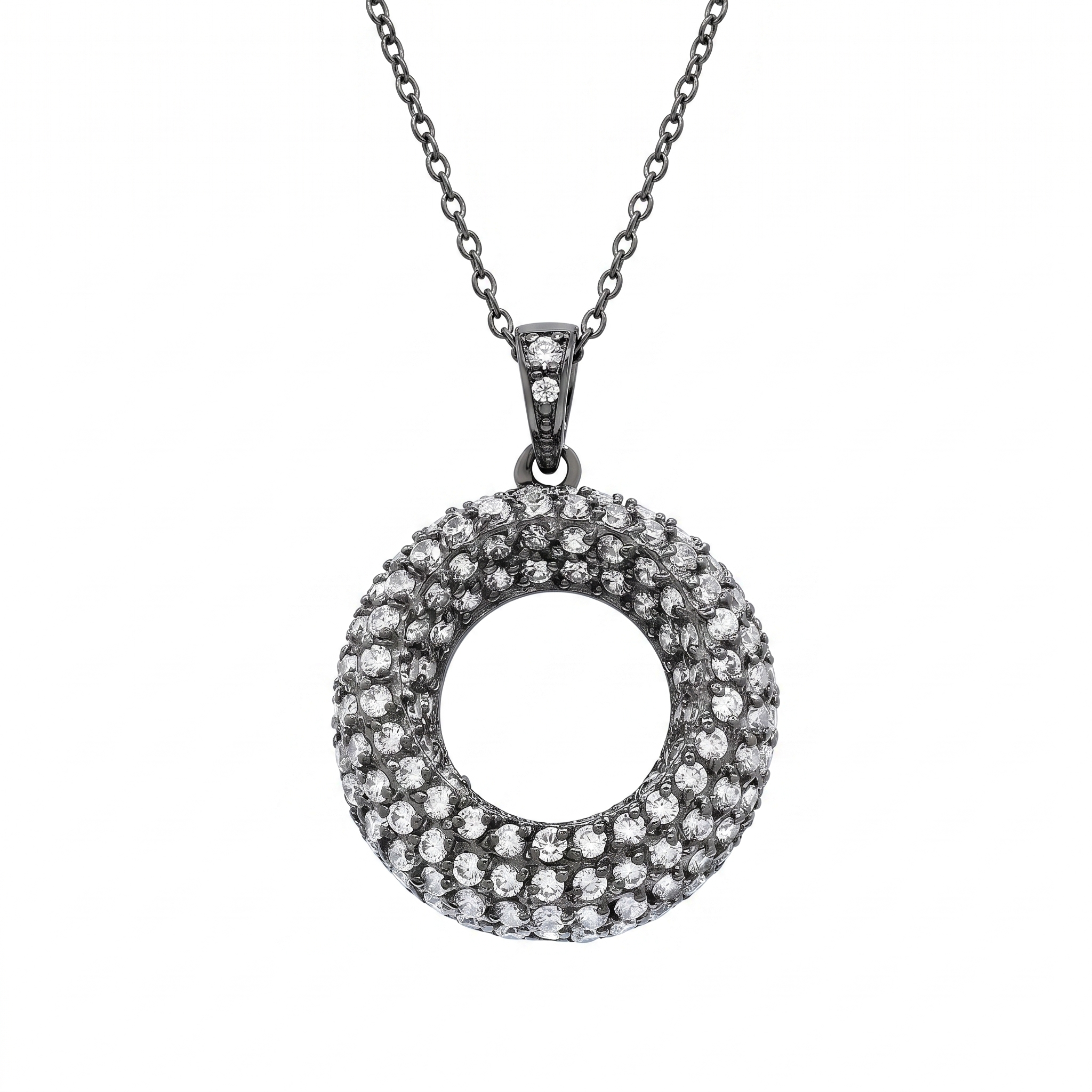 Collar de circonita transparente con círculo abierto chapado en rodio negro de plata 925 - BGP00694