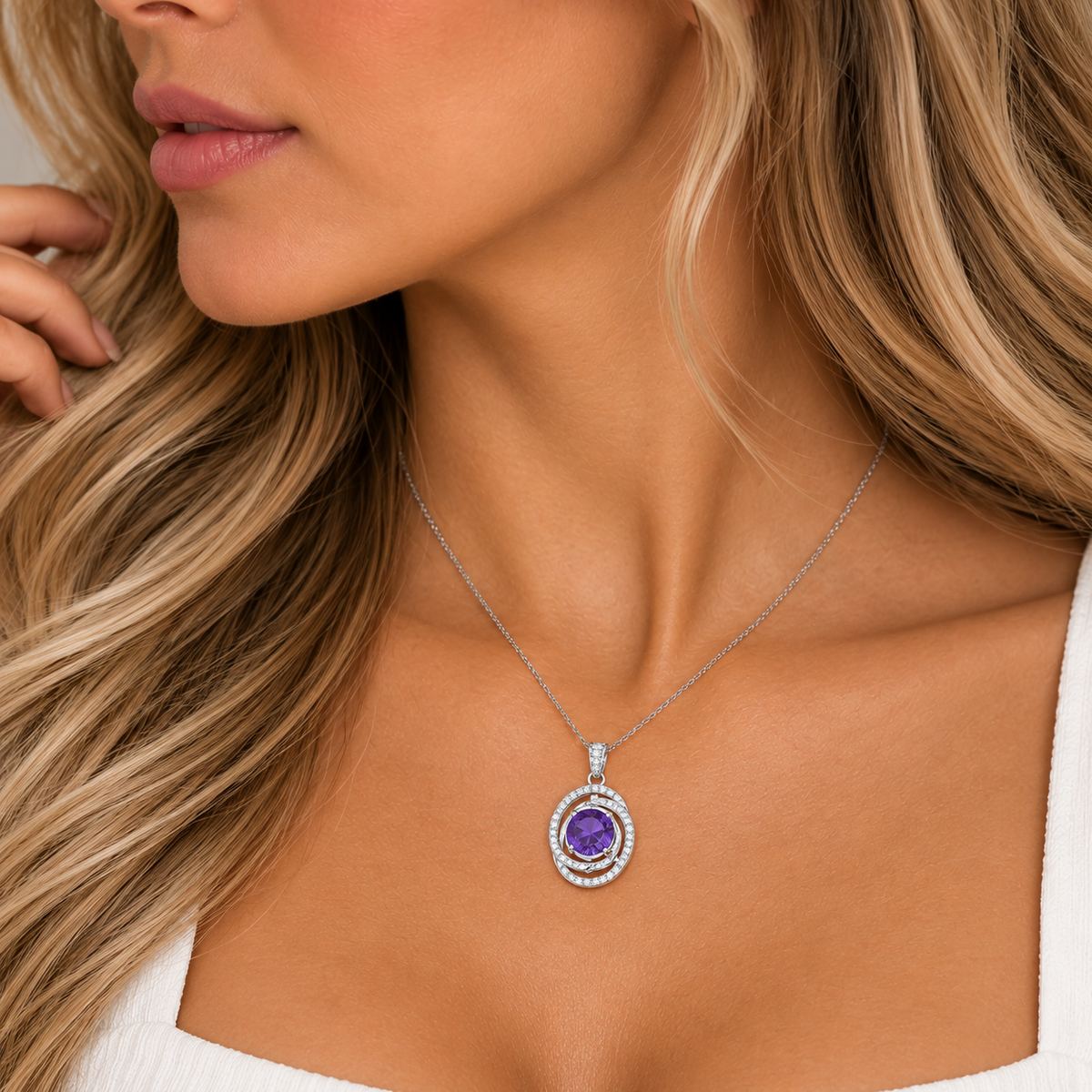 Rhodium Plated 925 Sterling Silver Colored Birthstone CZ Circle Swirl Pendant Necklace - BGP00721 | BGP00722 | BGP00723 | BGP00724