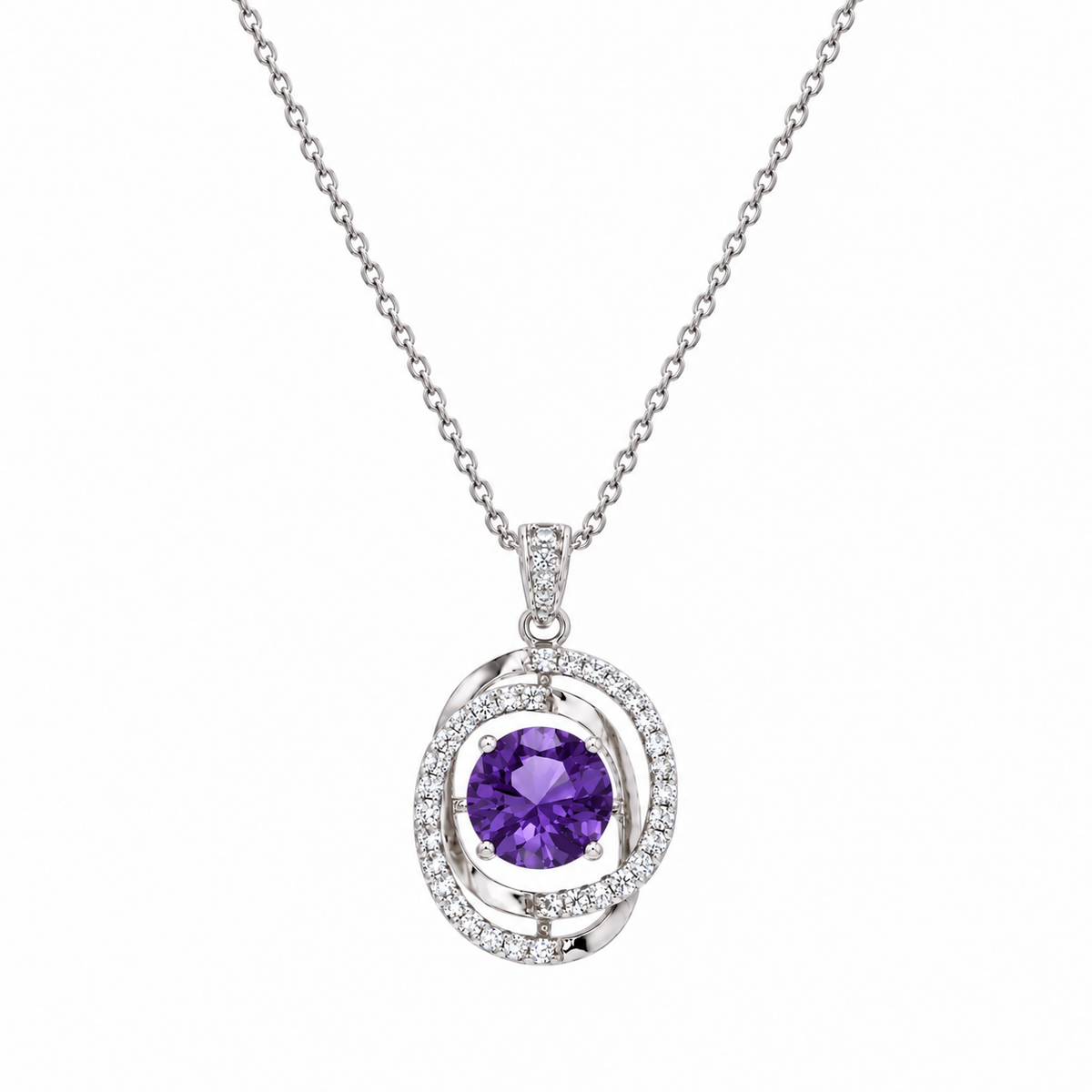 Rhodium Plated 925 Sterling Silver Colored Birthstone CZ Circle Swirl Pendant Necklace - BGP00721 | BGP00722 | BGP00723 | BGP00724