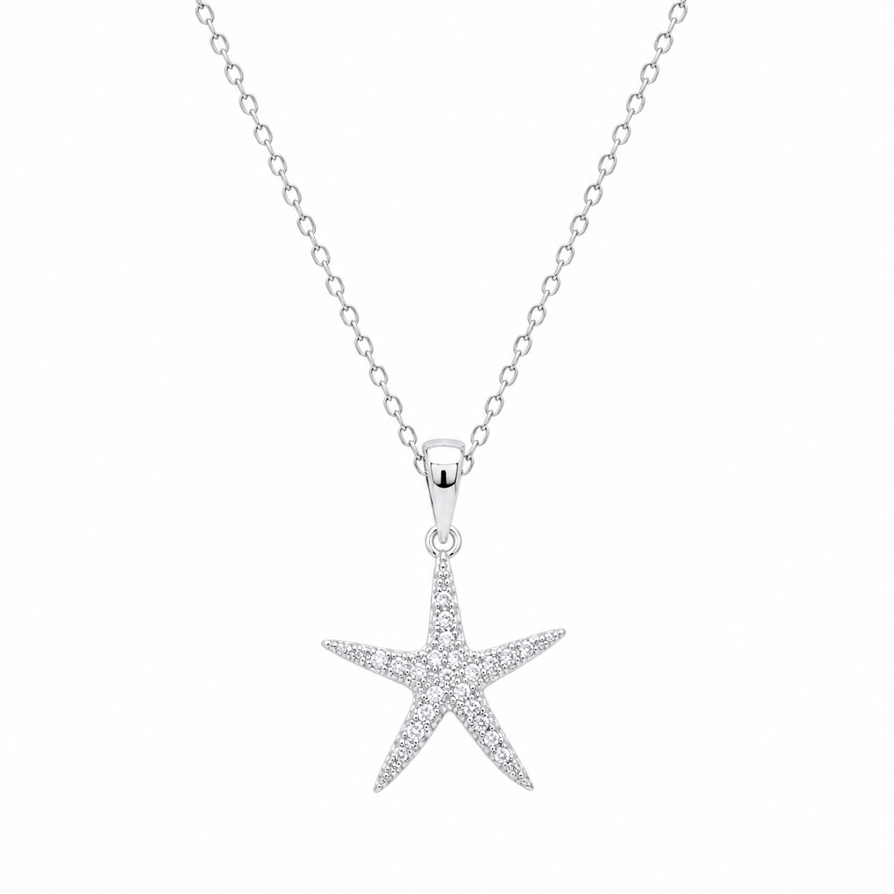 Rhodium Plated 925 Sterling Silver Dainty CZ Starfish Pendant Necklace - BGP00854
