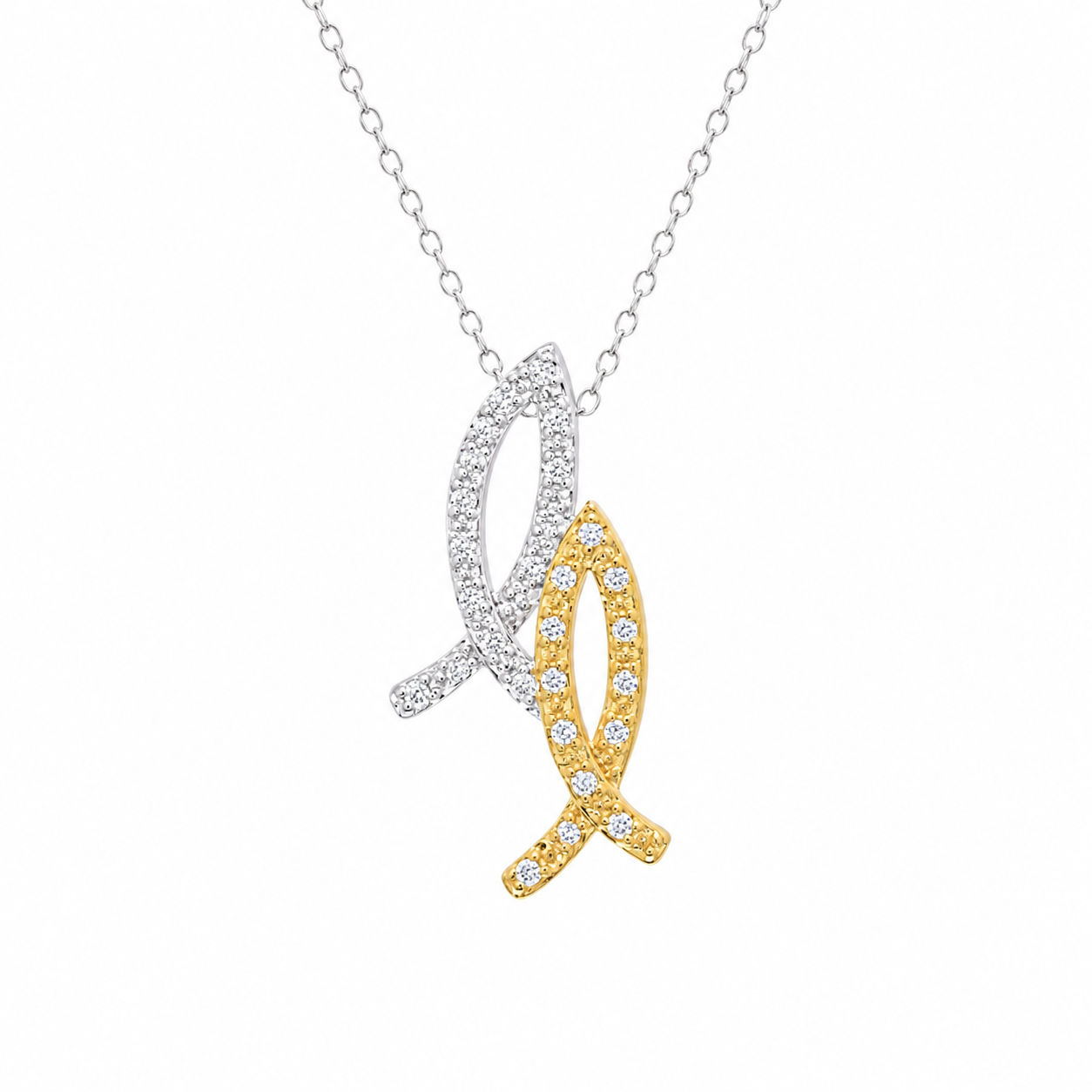 Two Tone 925 Sterling Silver CZ Double Fish Pendant Necklace - BGP00864