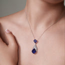 Silver 925 Rhodium Plated Blue and Clear CZ Drop Shape Pendant Necklace - BGP00915