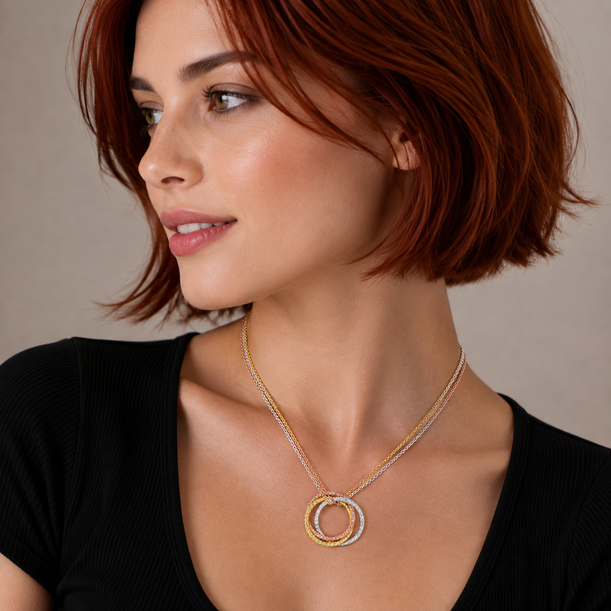 Clearance-Three-Tone Plated 925 Silver Triple Interlaced CZ Rings Necklace - BGP00933