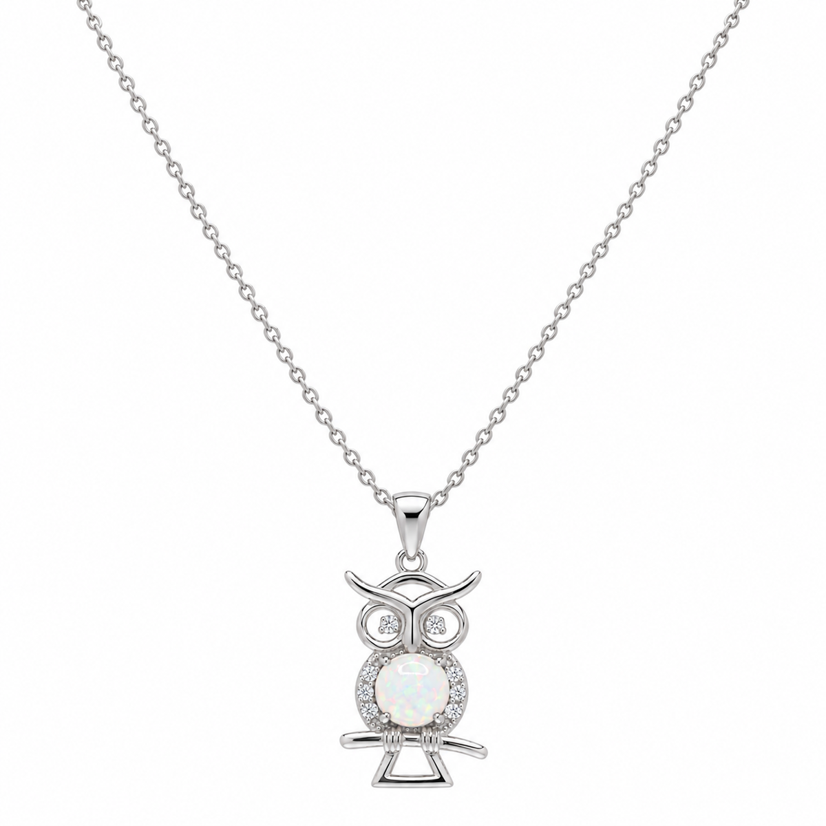 Rhodium Plated 925 Sterling Silver OPal & CZ Owl Pendant Necklace - BGP01049