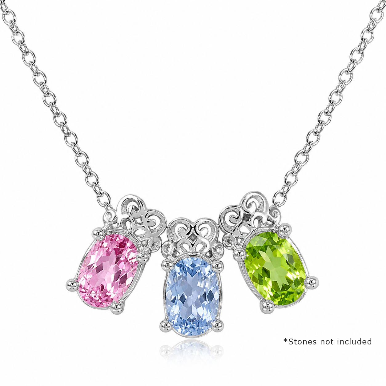 Rhodium Plated 925 Silver Triple Oval Mounting Pendant Necklace - BGP01061
