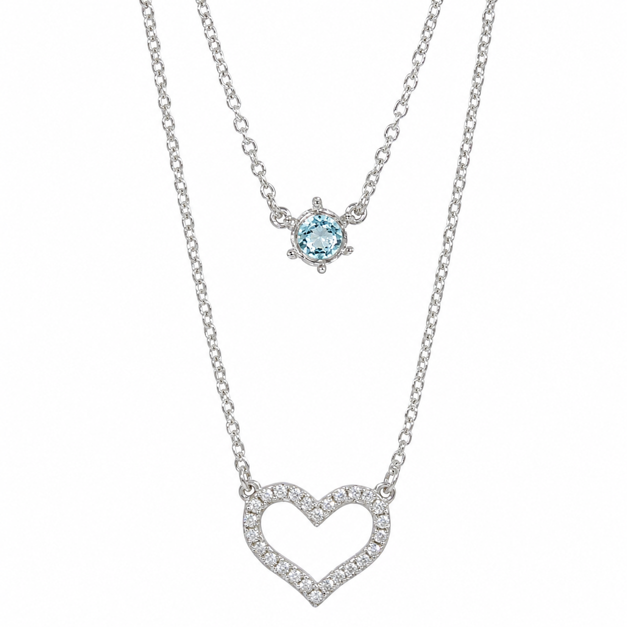 Rhodium Plated 925 Sterling Silver Layed Heart and Mounting Pendant Necklace- BGP01223