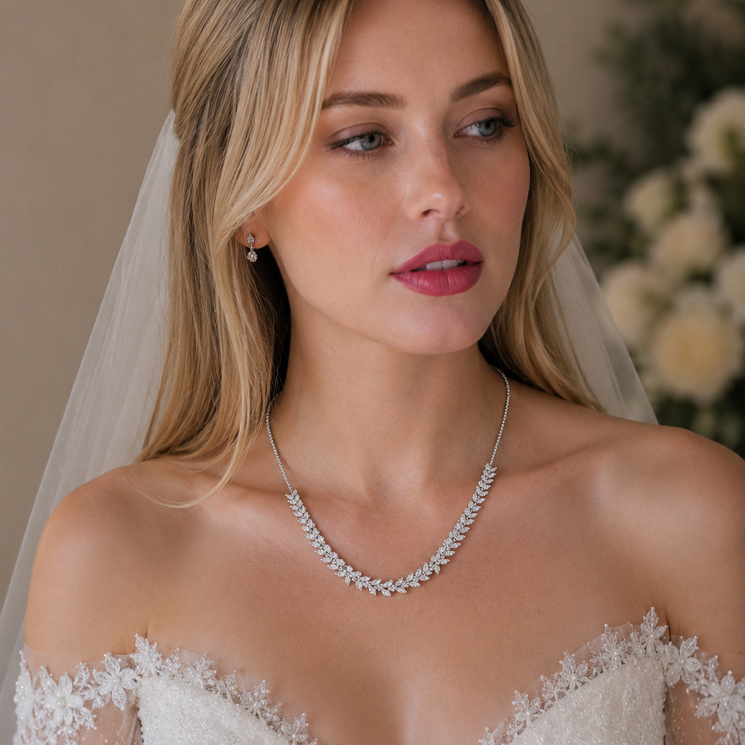 Rhodium Plated 925 Sterling Silver Adjustable Leaf Link CZ Bridal Necklace - BGP01254