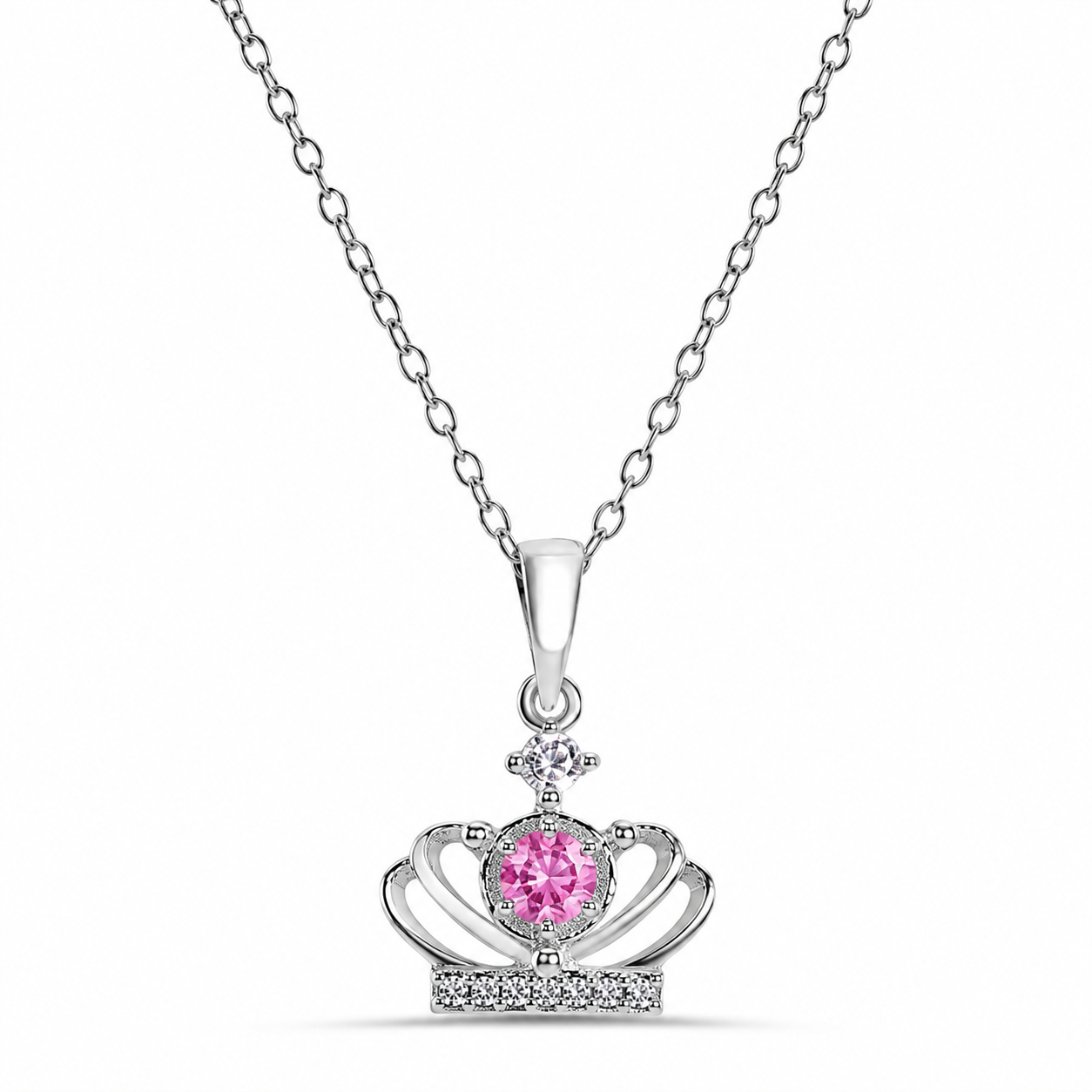 Rhodium Plated 925 Silver CZ Crown Mounting Pendant Necklace - BGP01283