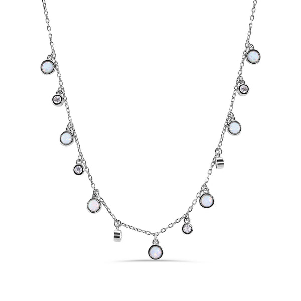 Silver 925 Rhodium Plated Synthetic Opal Clear CZ Necklace - BGP01369