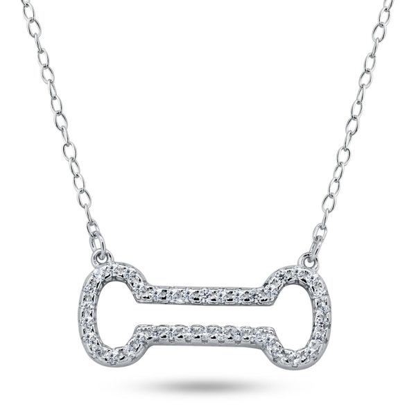 Rhodium Plated 925 Sterling Silver Open Dog Bone CZ Necklace - BGP01448