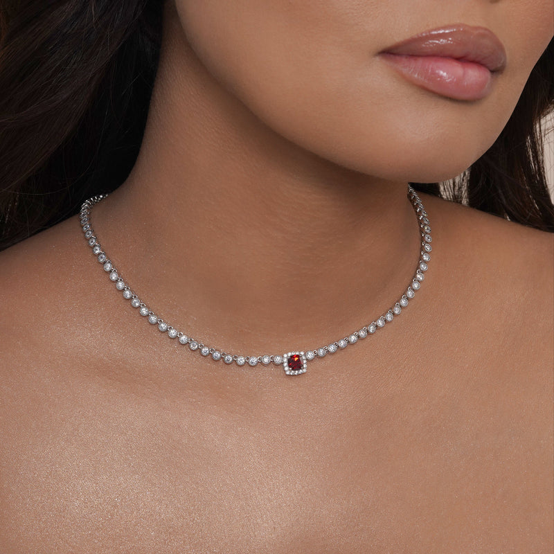 Rhodium Plated 925 Sterling Silver Bubble Tennis CZ Red Center Stone Necklace - BGP01469JAN