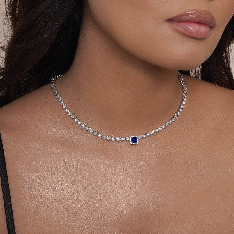 Rhodium Plated 925 Sterling Silver Bubble Tennis CZ Blue Center Stone Necklace - BGP01469BLU