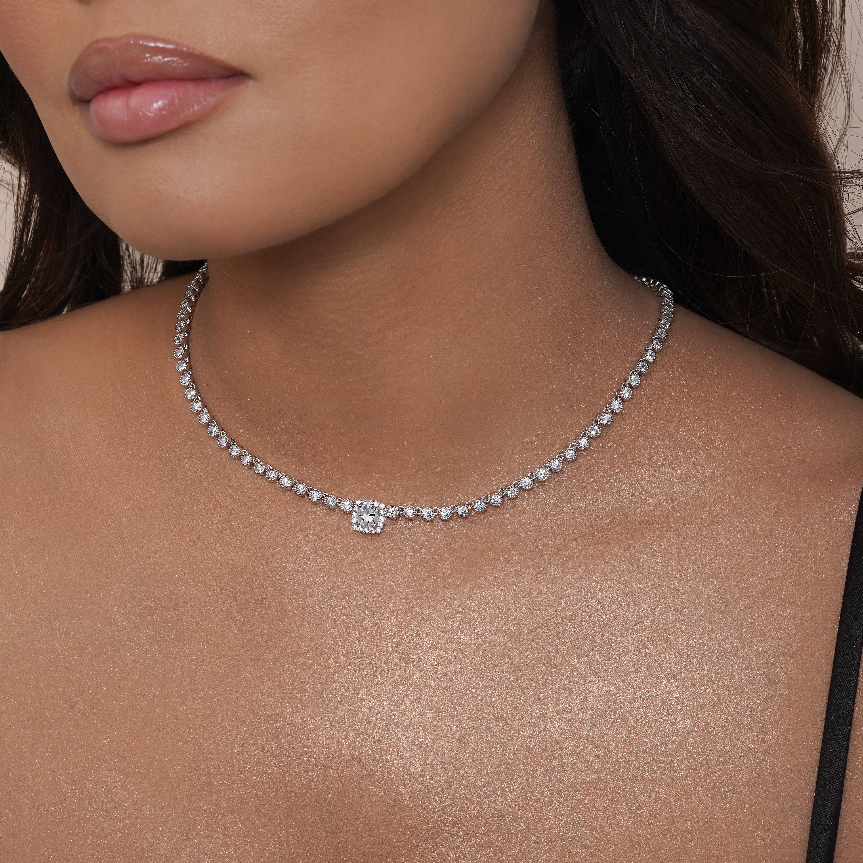 NRネックレスト/Neck rest ライトグレー Silver 925 Rhodium Plated Bubble Tennis CZ Clear Center Stone
