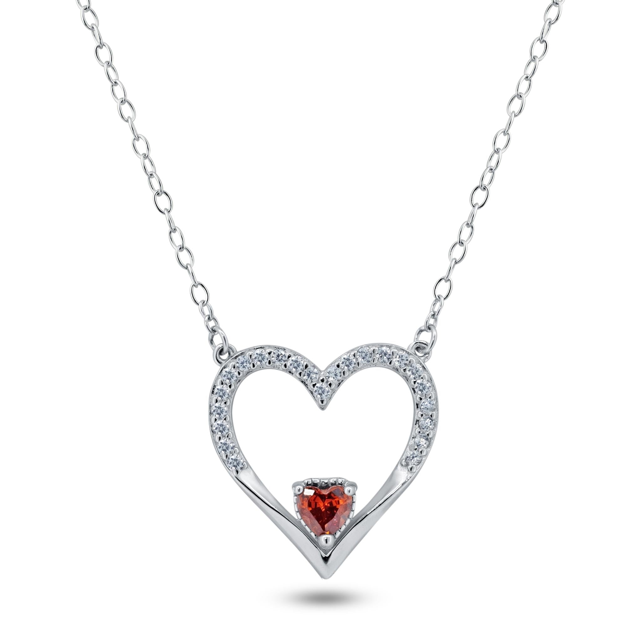 Collar de corazón abierto con circonitas rojas transparentes en plata de ley 925 rodiada - BGP01477