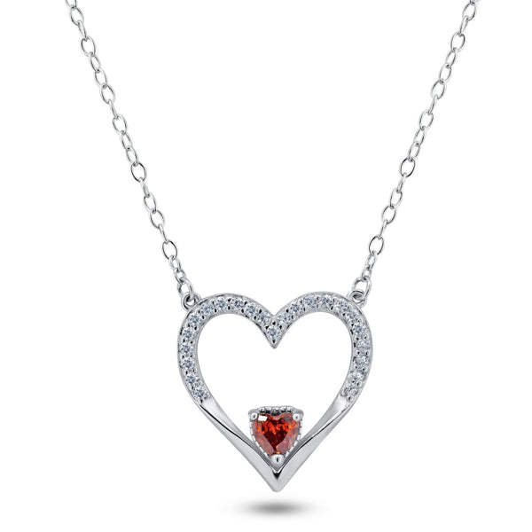 Silver 925 Rhodium Plated Clear Red CZ Open Heart Necklace - BGP01477