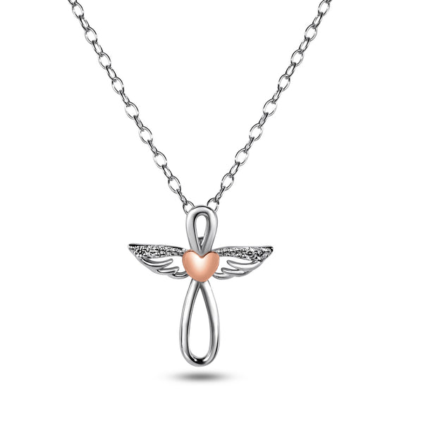 Rhodium Plated 925 Sterling Silver CZ RGP Heart Angel Necklace