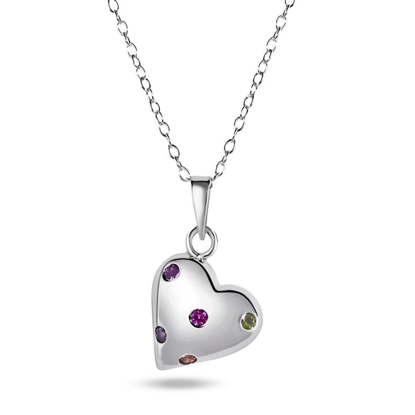 Rhodium Plated 925 Sterling Silver Multi Color CZ Heart Necklace - BGP01482