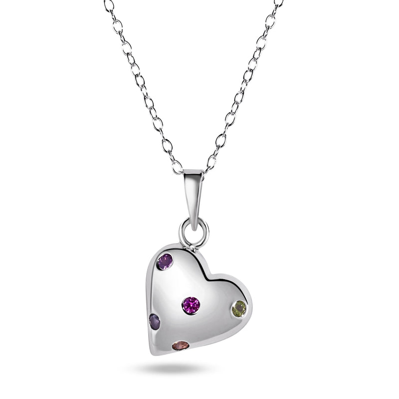 Rhodium Plated 925 Sterling Silver Multi Color CZ Heart Necklace - BGP01482