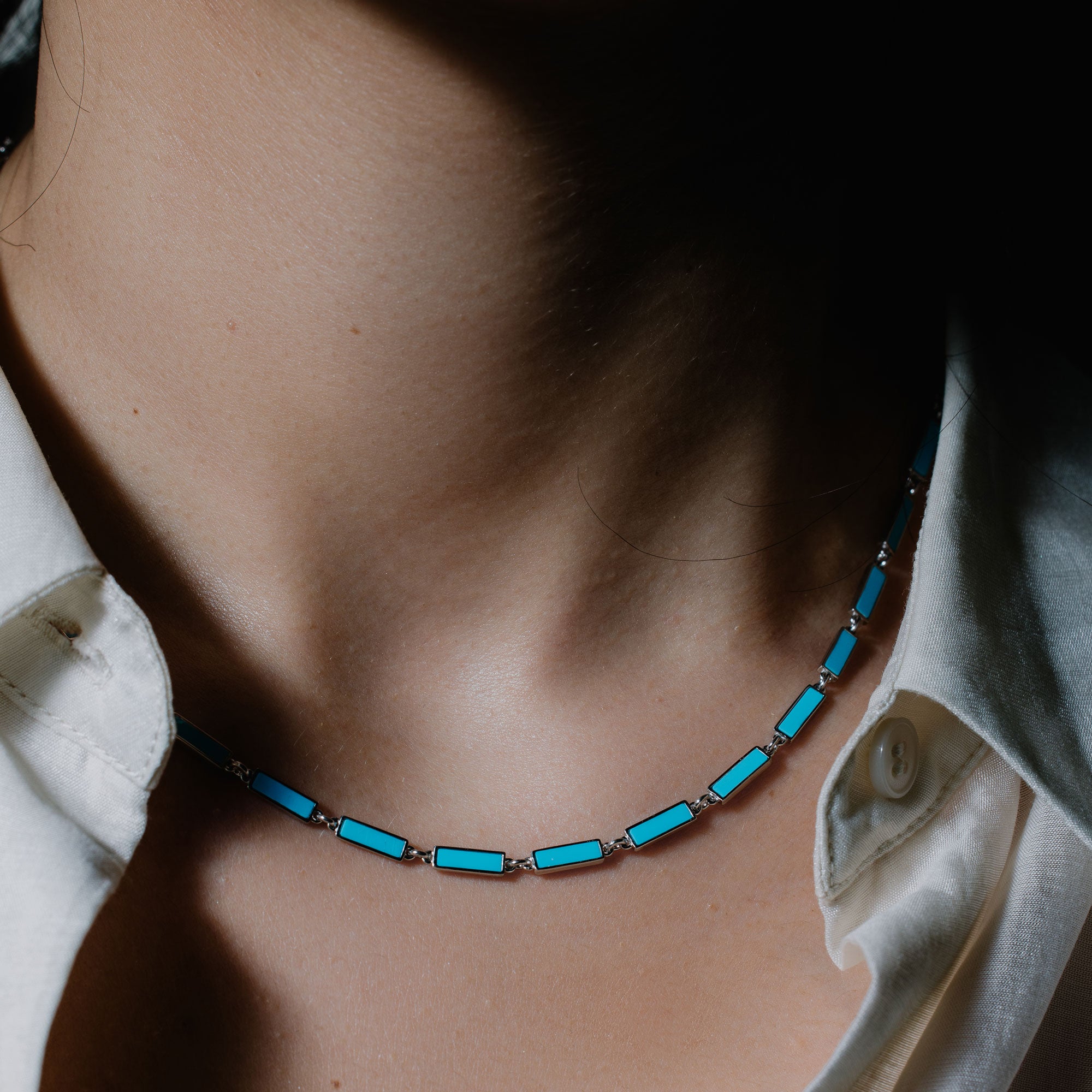 Rhodium Plated 925 Sterling Silver Light Blue Turquoise Stone Bar
