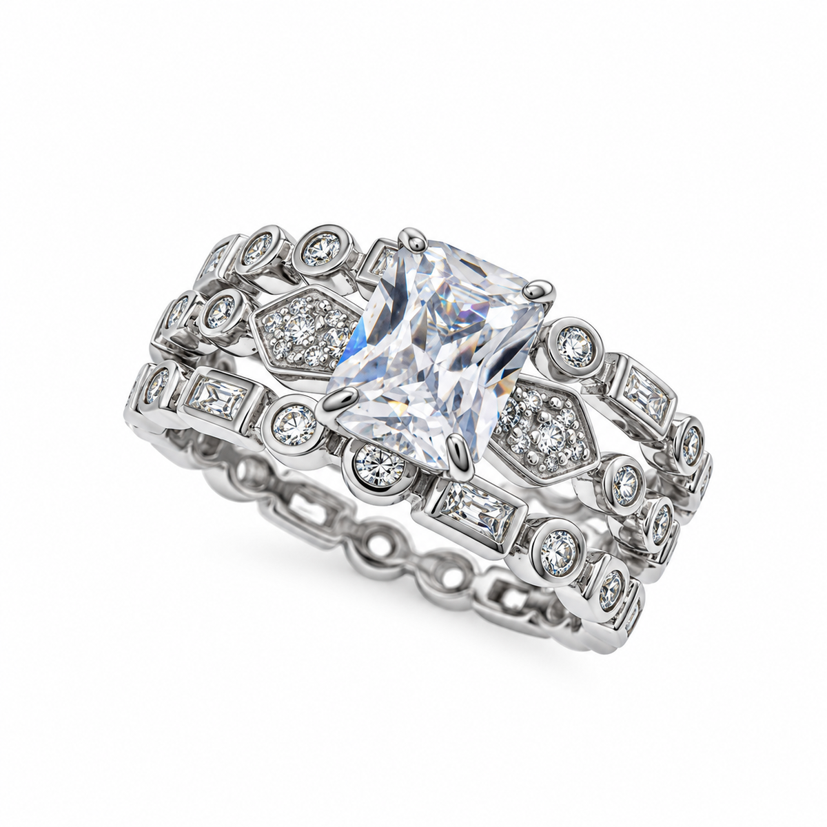 Anillo de compromiso nupcial multiforma en plata de ley 925 rodiada con circonitas transparentes - BGR00250